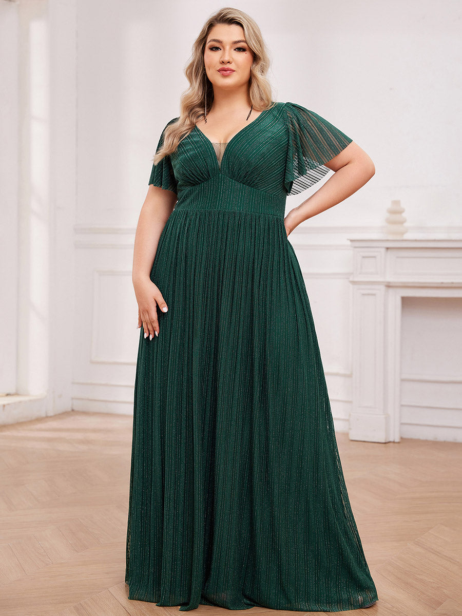 Color=Dark Green | Plus Size Elegant See-Through Deep V Neck Floor Length Short Ruffles Sleeves Sequin Evening Dresses  -Dark Green 6