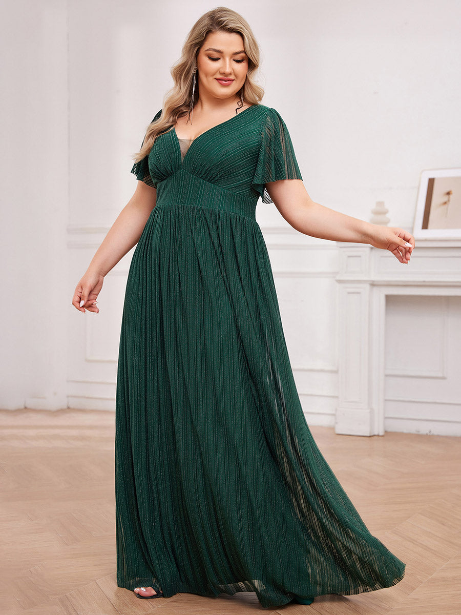 Color=Dark Green | Plus Size Elegant See-Through Deep V Neck Floor Length Short Ruffles Sleeves Sequin Evening Dresses  -Dark Green 8