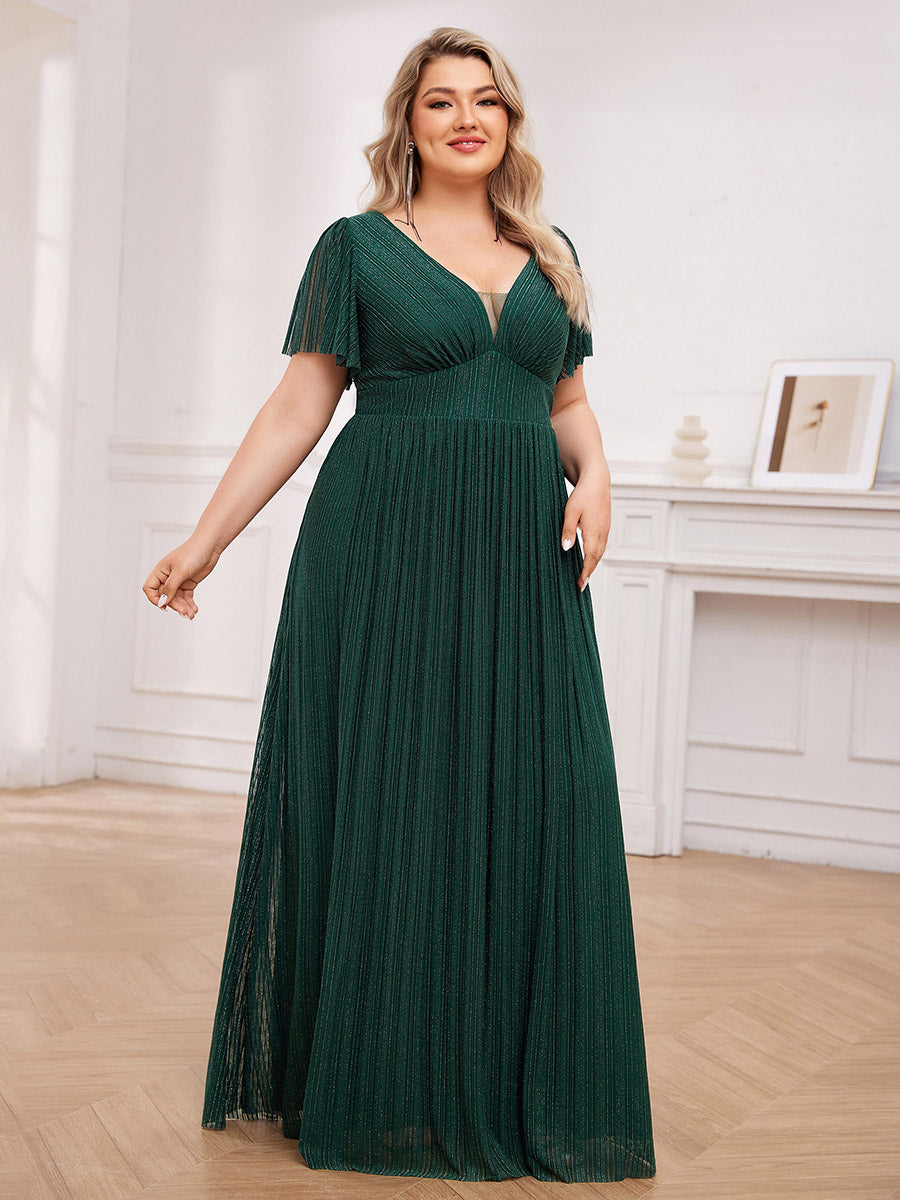 Color=Dark Green | Plus Size Elegant See-Through Deep V Neck Floor Length Short Ruffles Sleeves Sequin Evening Dresses  -Dark Green 9