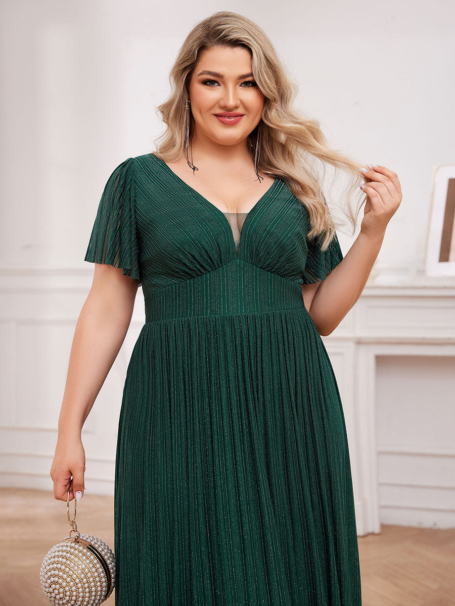 Color=Dark Green | Plus Size Elegant See-Through Deep V Neck Floor Length Short Ruffles Sleeves Sequin Evening Dresses  -Dark Green 10