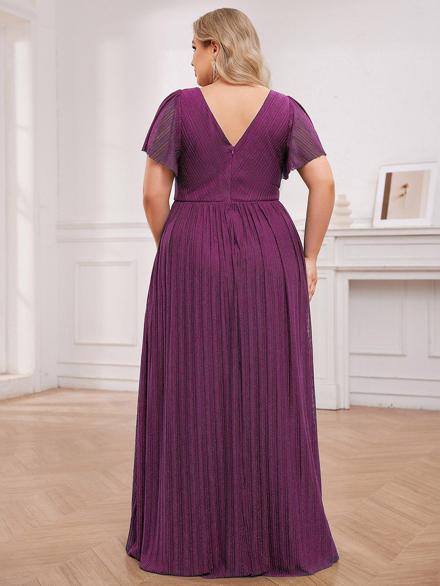 Color=Purple Wisteria | Plus Size Elegant See-Through Deep V Neck Floor Length Short Ruffles Sleeves Sequin Evening Dresses  -Purple Wisteria 12