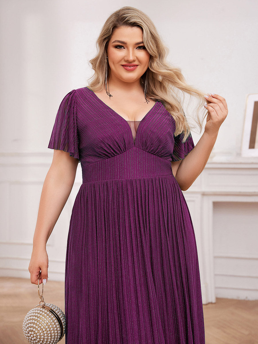 Color=Purple Wisteria | Plus Size Elegant See-Through Deep V Neck Floor Length Short Ruffles Sleeves Sequin Evening Dresses  -Purple Wisteria 15