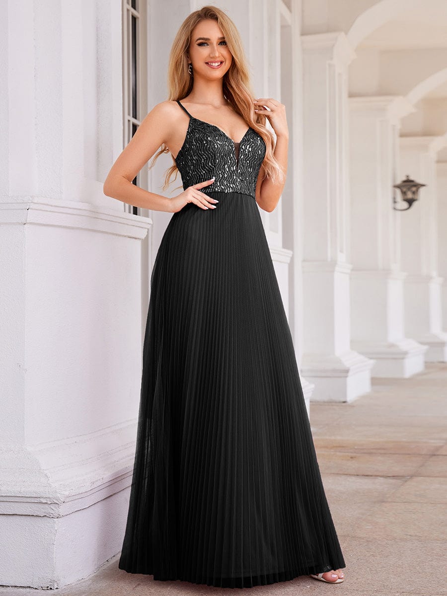 Sequin See Through V-Neck Sleeveless WholesaleTulle Evening Dress #color_Black