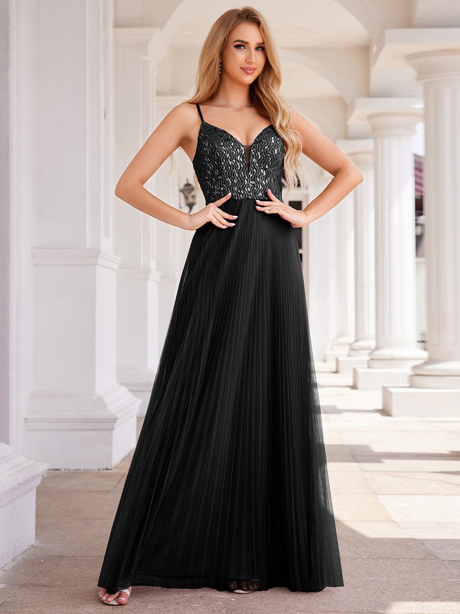 Sequin See Through V-Neck Sleeveless WholesaleTulle Evening Dress #color_Black