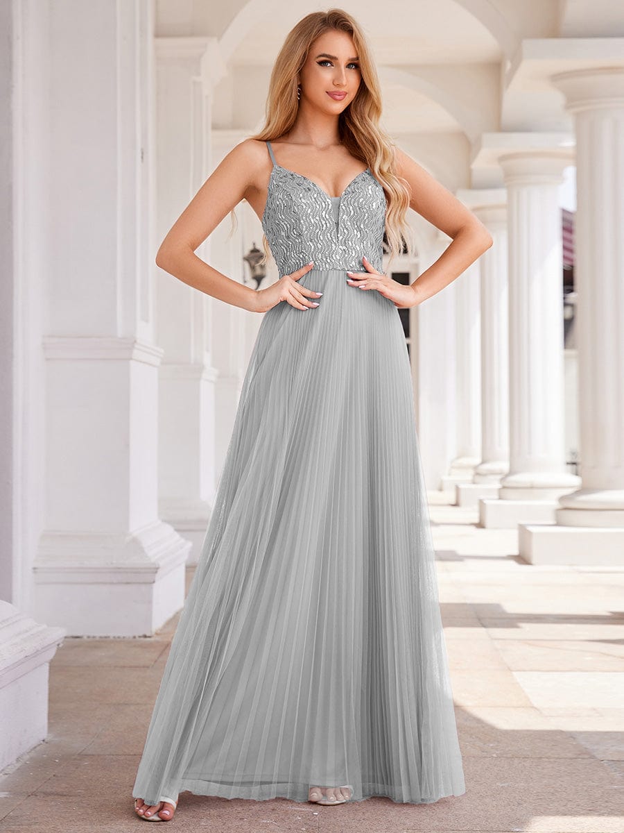 Sequin See Through V-Neck Sleeveless WholesaleTulle Evening Dress #color_Grey