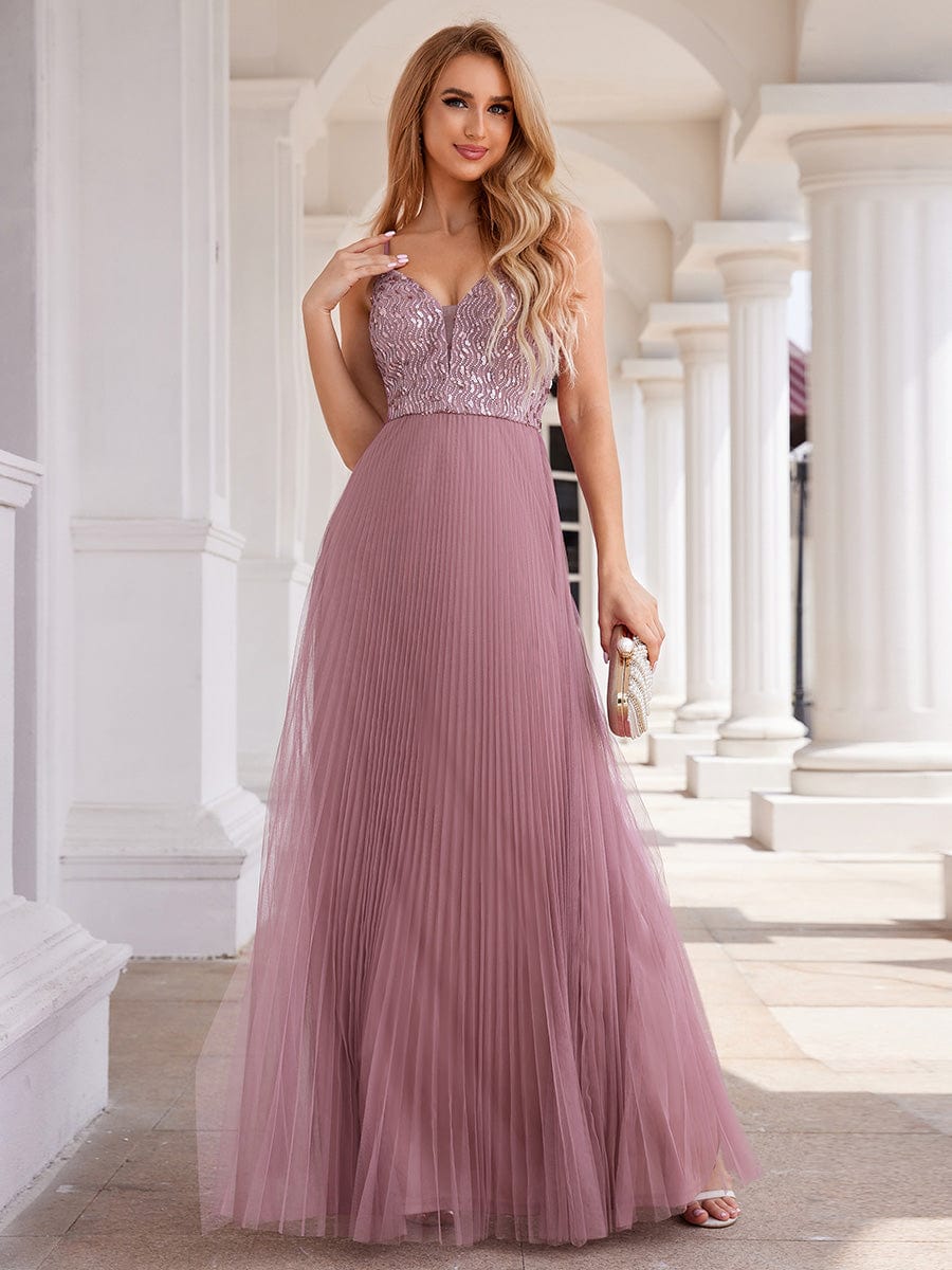 Sequin See Through V-Neck Sleeveless WholesaleTulle Evening Dress #color_Purple Orchid