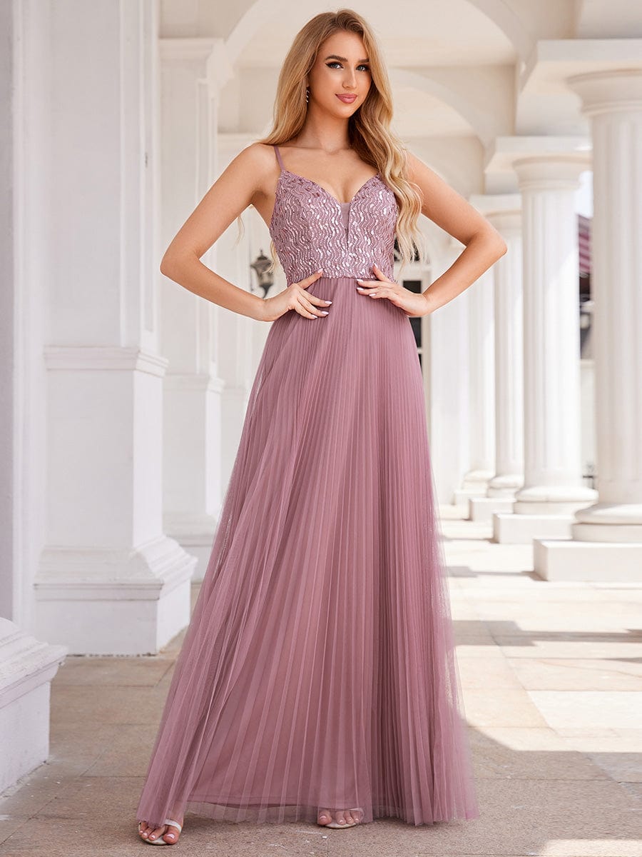 Sequin See Through V-Neck Sleeveless WholesaleTulle Evening Dress #color_Purple Orchid