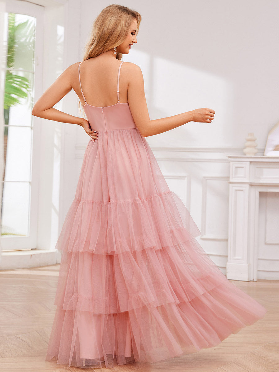 Color=Pink | Romantic Spaghetti Straps Sweetheart Neckline See-Through A-Line Layered Tulle Dress-Pink 27