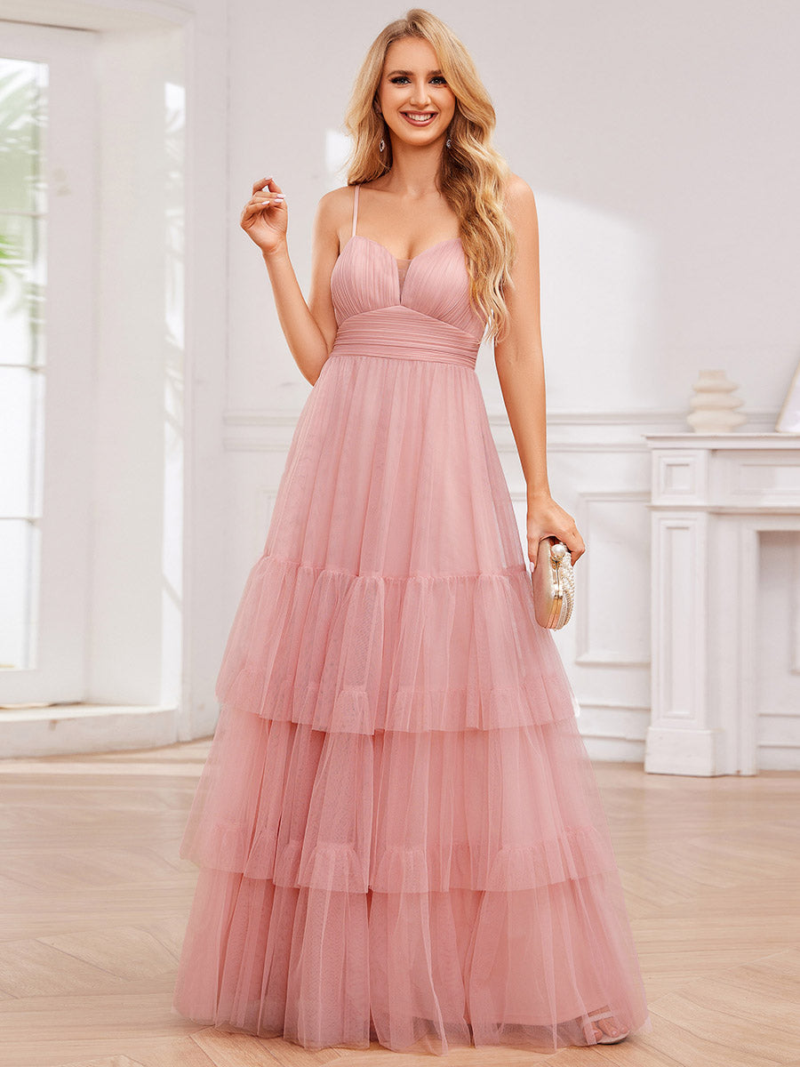 Color=Pink | Romantic Spaghetti Straps Sweetheart Neckline See-Through A-Line Layered Tulle Dress-Pink 26