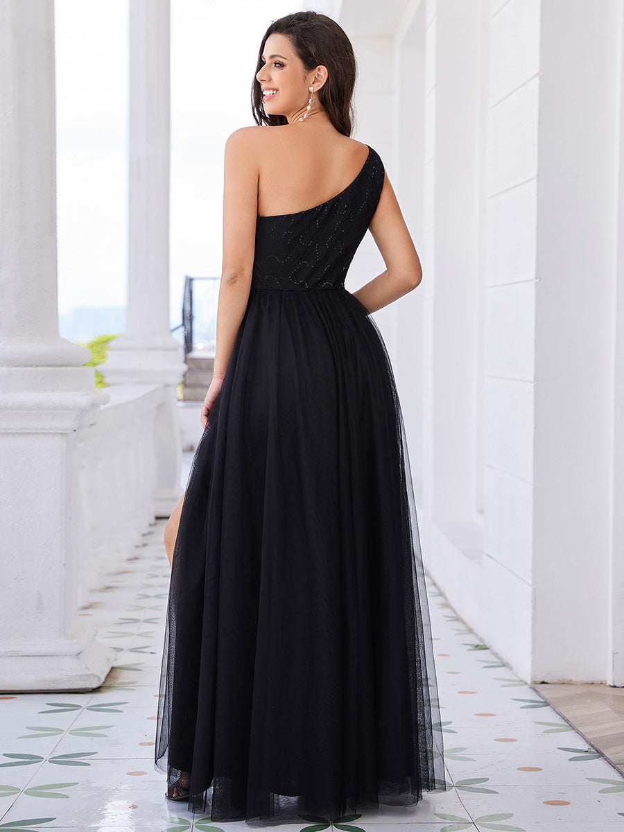 Color=Black | Romantic Asymmetric One Shoulder Side Split A-Line Tulle Dress with Lace Sequin Empire Waist Evening Dress-Black 2