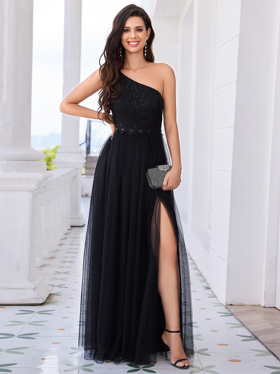 Color=Black | Romantic Asymmetric One Shoulder Side Split A-Line Tulle Dress with Lace Sequin Empire Waist Evening Dress-Black 1