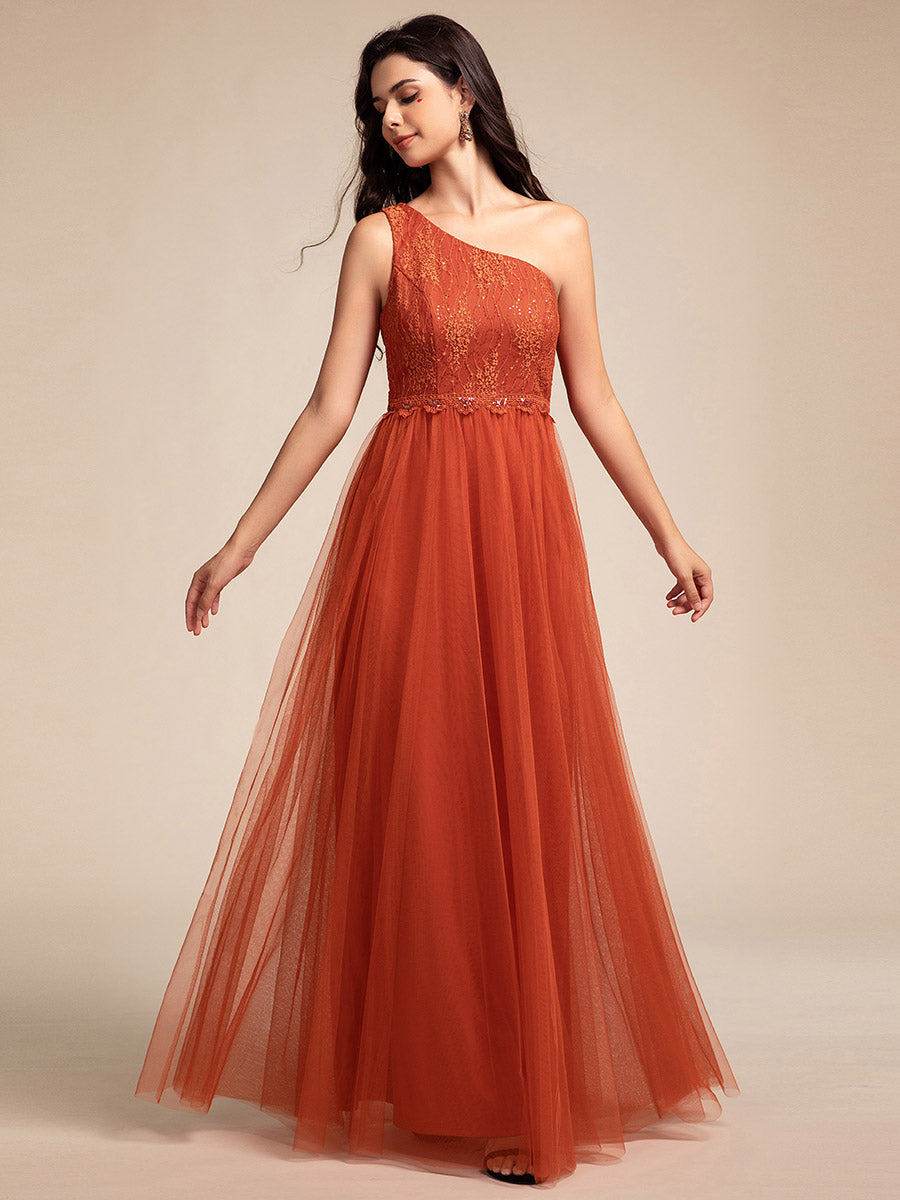 Color=Burnt Orange | Romantic Asymmetric One Shoulder Side Split A-Line Tulle Dress with Lace Sequin Empire Waist Evening Dress-Burnt Orange 6