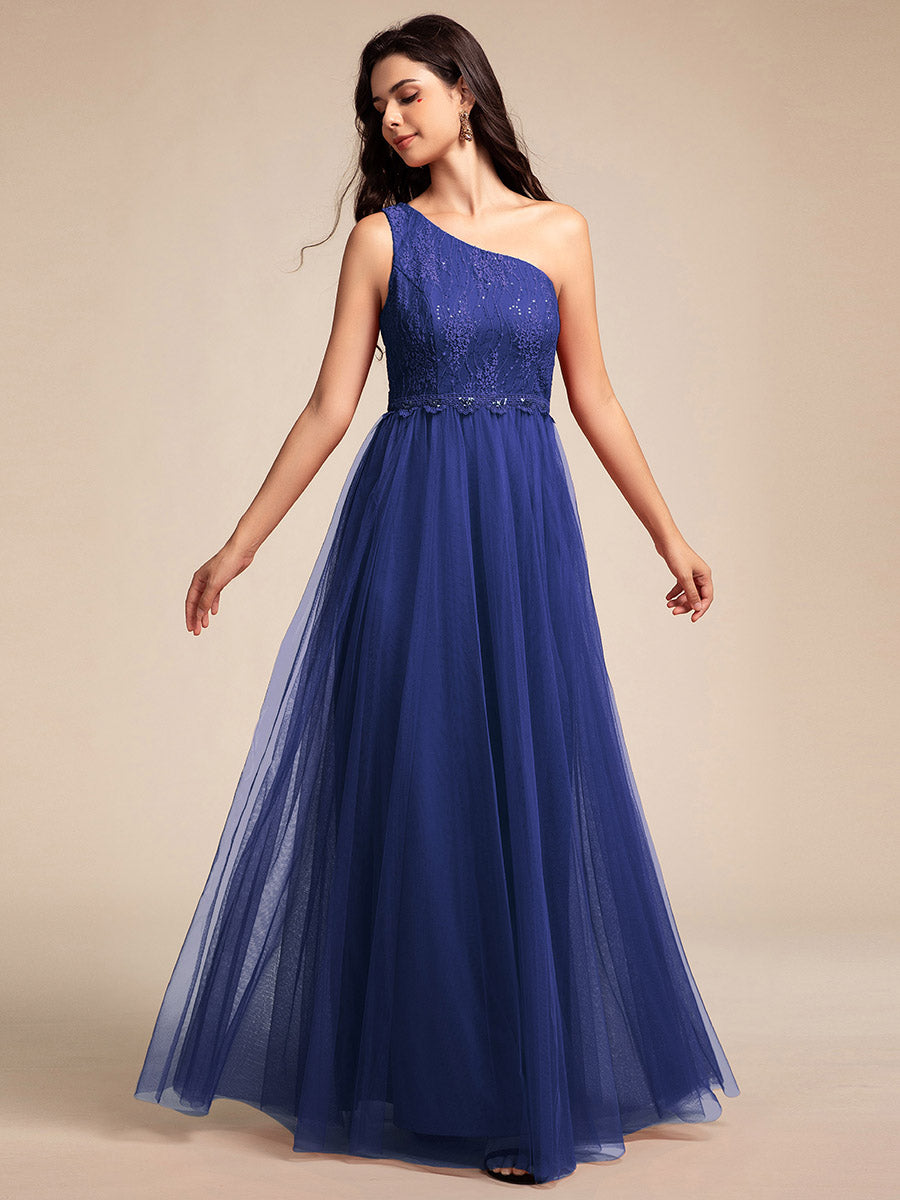 Color=Sapphire Blue | Romantic Asymmetric One Shoulder Side Split A-Line Tulle Dress with Lace Sequin Empire Waist Evening Dress-Sapphire Blue 11