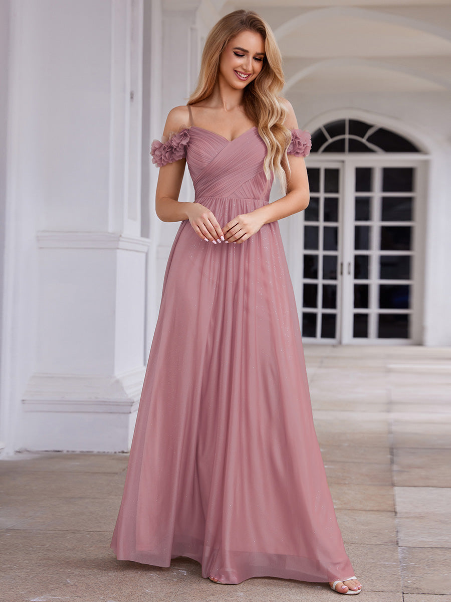 Color=Orchid | Elegant Sweetheart Neckline Flower decoration Sequin Dresses Off-shoulder sleeve Pleated Evening Dress-Orchid 1