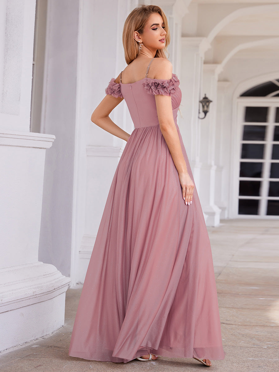 Color=Orchid | Elegant Sweetheart Neckline Flower decoration Sequin Dresses Off-shoulder sleeve Pleated Evening Dress-Orchid 2