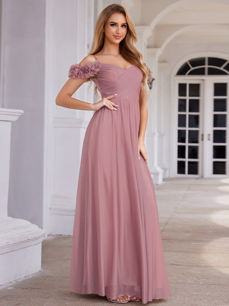 Color=Orchid | Elegant Sweetheart Neckline Flower decoration Sequin Dresses Off-shoulder sleeve Pleated Evening Dress-Orchid 3