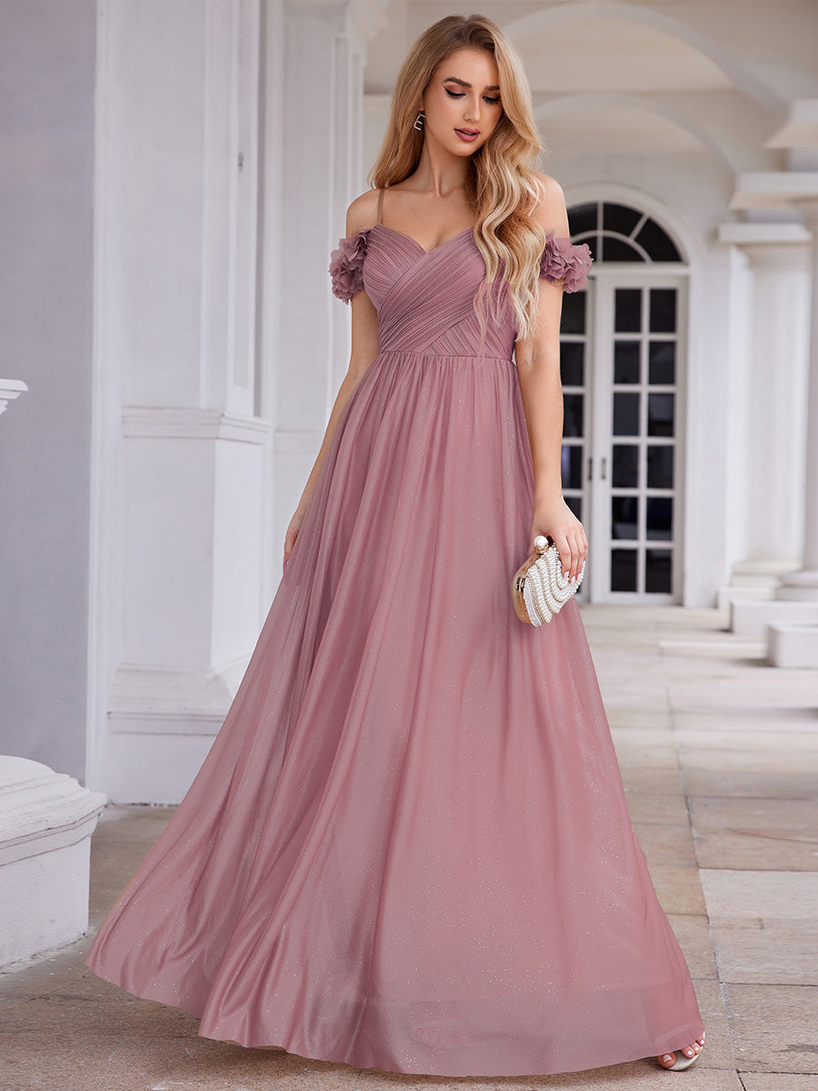 Color=Orchid | Elegant Sweetheart Neckline Flower decoration Sequin Dresses Off-shoulder sleeve Pleated Evening Dress-Orchid 4