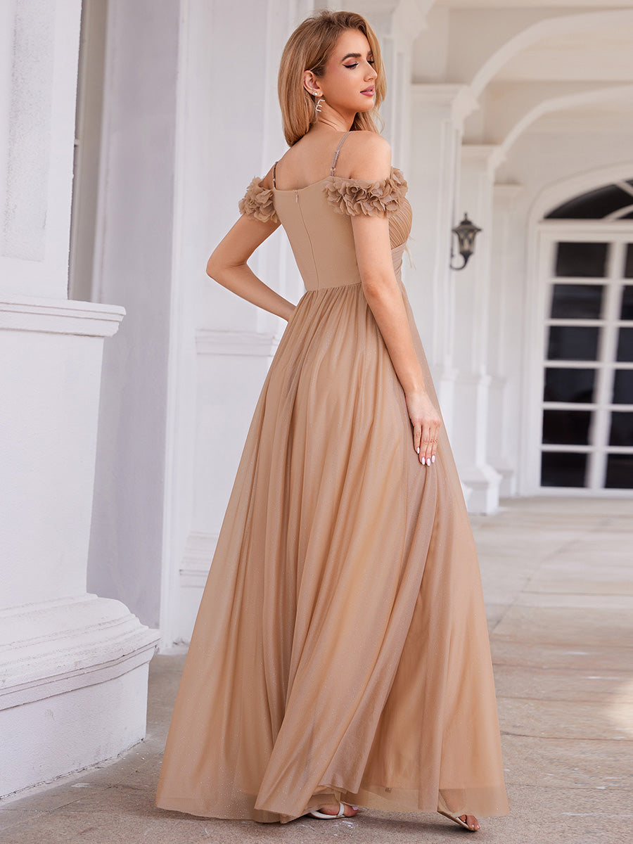 Color=Rose Gold | Elegant Sweetheart Neckline Flower decoration Sequin Dresses Off-shoulder sleeve Pleated Evening Dress-Rose Gold 7