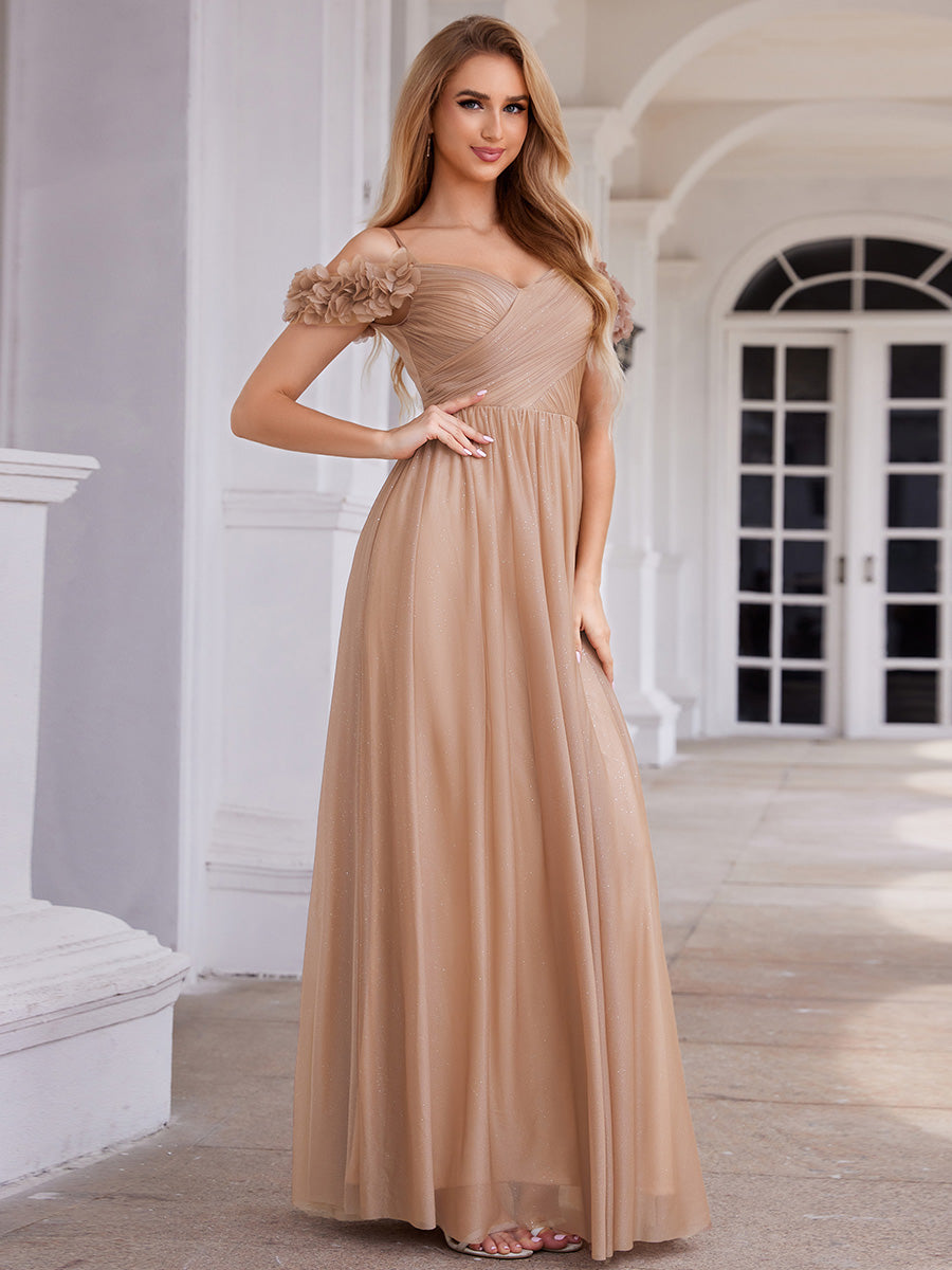 Color=Rose Gold | Elegant Sweetheart Neckline Flower decoration Sequin Dresses Off-shoulder sleeve Pleated Evening Dress-Rose Gold 8