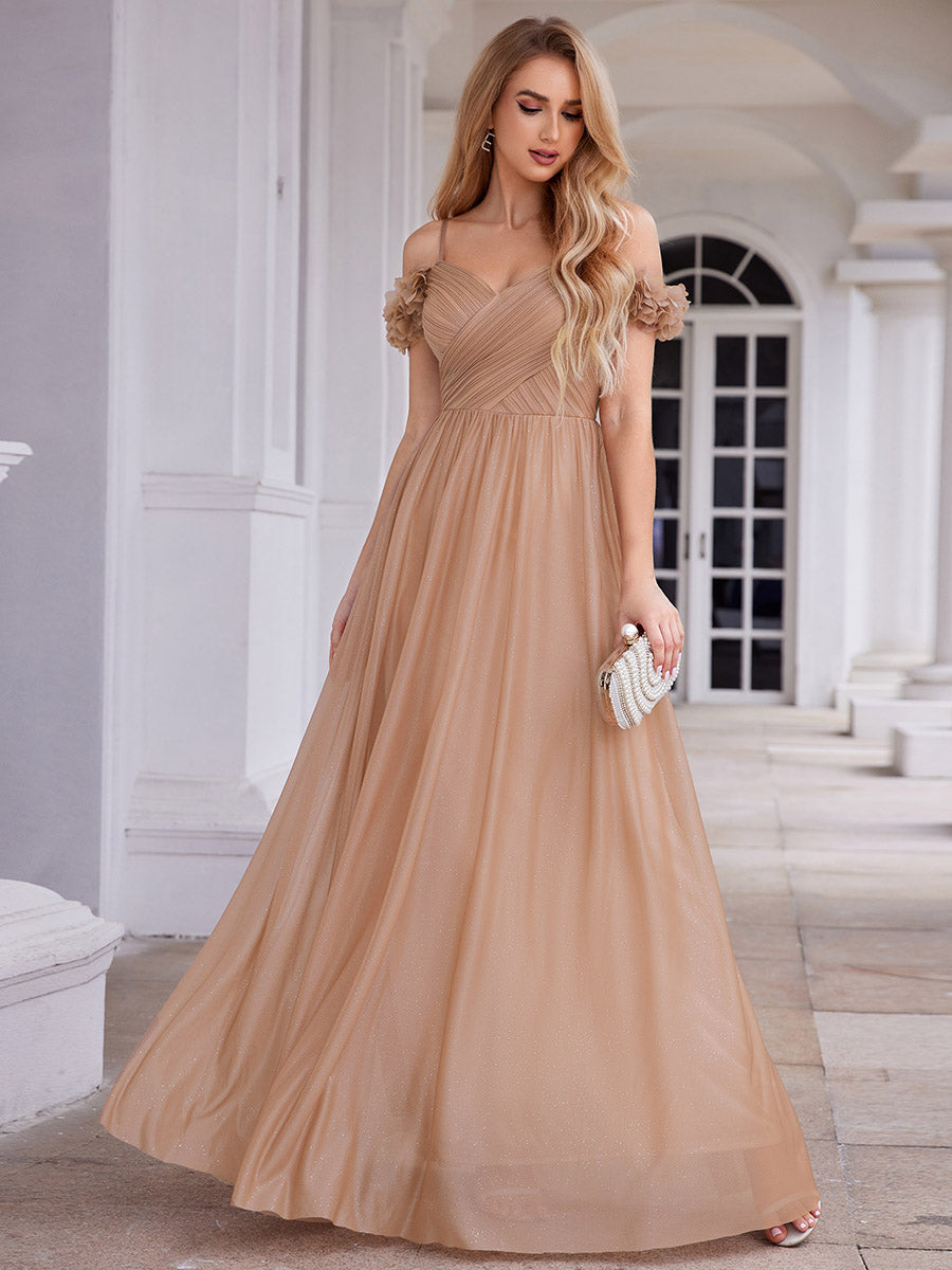 Color=Rose Gold | Elegant Sweetheart Neckline Flower decoration Sequin Dresses Off-shoulder sleeve Pleated Evening Dress-Rose Gold 9