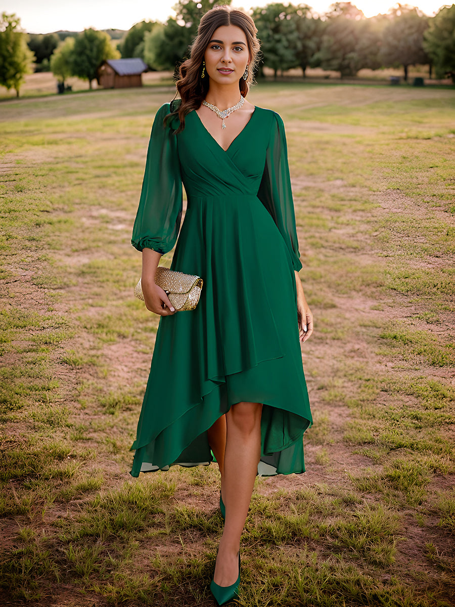 A-line V Neck Full/Long Sleeve Tea-Length Chiffon Mother of the Bride Dress  With Pleated Waistband