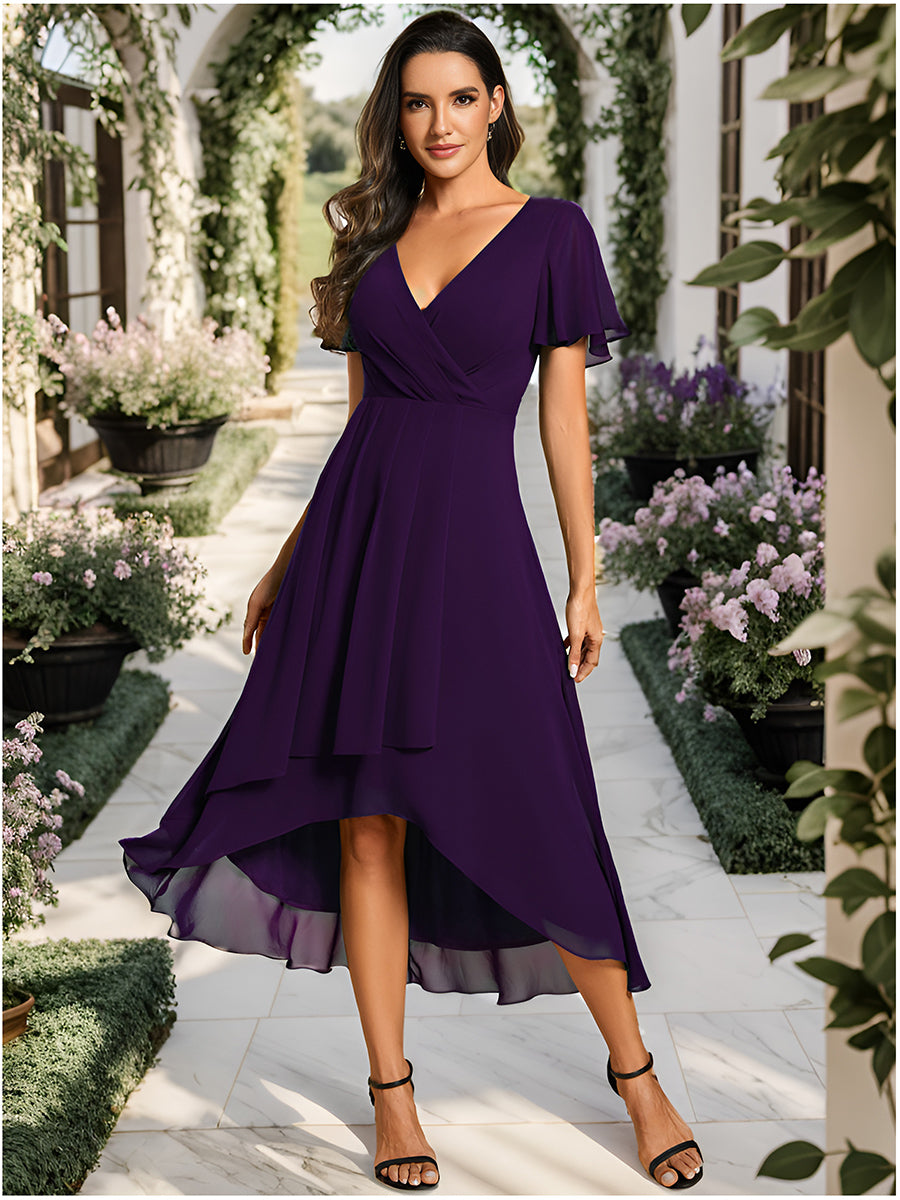 V Neck Midi Chiffon Wedding Guest Dresses with Ruffles Sleeve