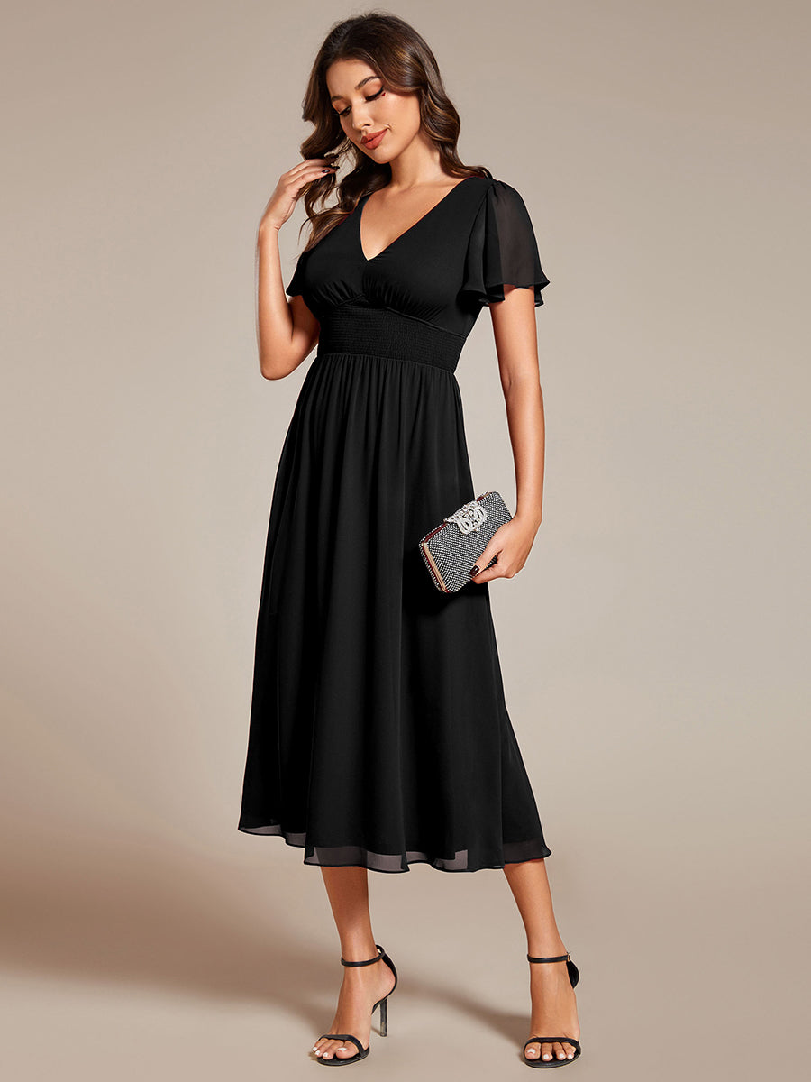 Color=Black | Classical Ruffles Sleeve Ruched Empire Waist Midi Length Chiffon Dresses with Lining-Black 18