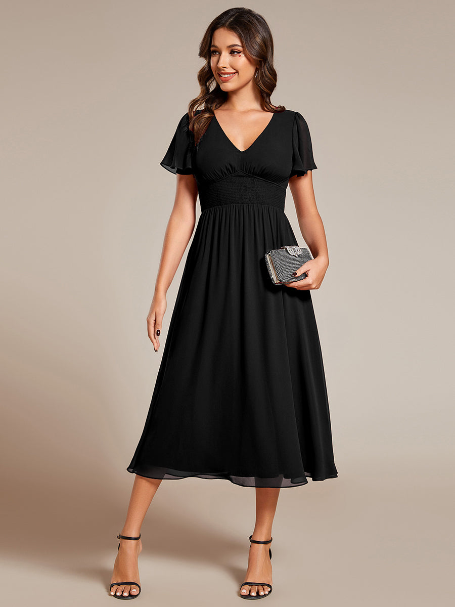 Color=Black | Classical Ruffles Sleeve Ruched Empire Waist Midi Length Chiffon Dresses with Lining-Black 19