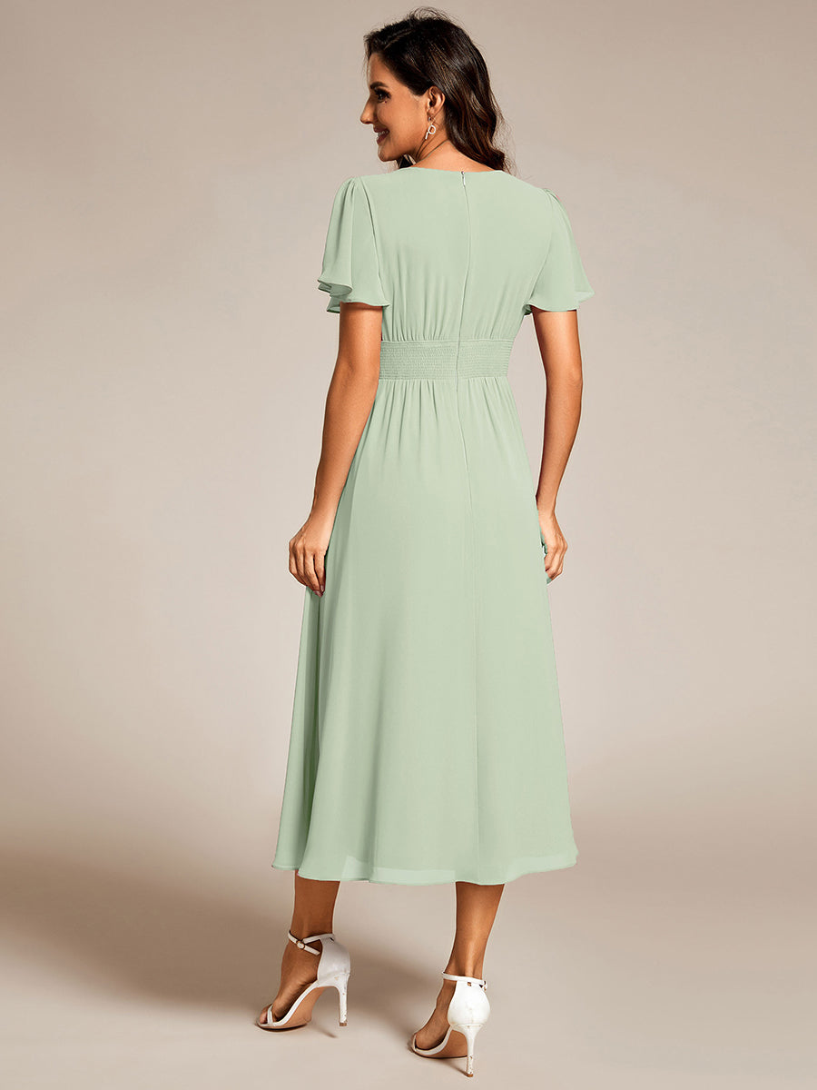 Color=Mint Green | Classical Ruffles Sleeve Ruched Empire Waist Midi Length Chiffon Dresses with Lining-Mint Green 22