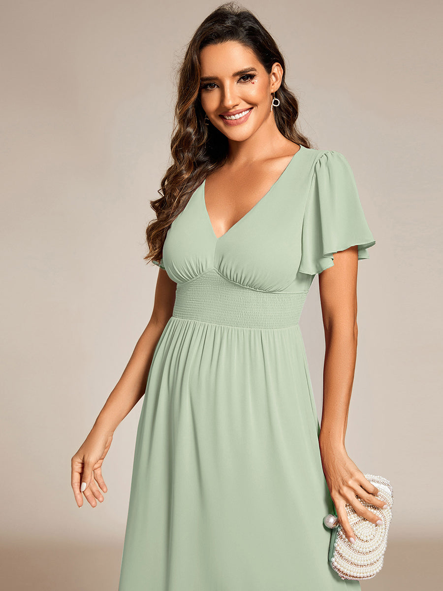 Color=Mint Green | Classical Ruffles Sleeve Ruched Empire Waist Midi Length Chiffon Dresses with Lining-Mint Green 25