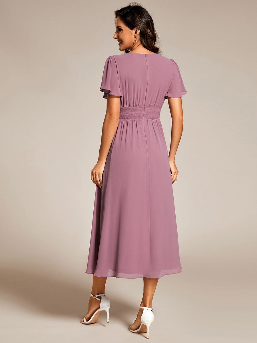 Color=Orchid | Classical Ruffles Sleeve Ruched Empire Waist Midi Length Chiffon Dresses with Lining-Orchid 27