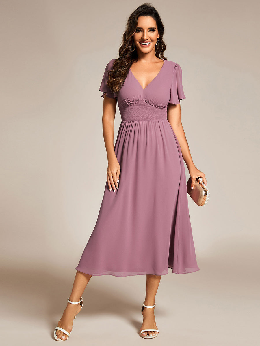 Color=Orchid | Classical Ruffles Sleeve Ruched Empire Waist Midi Length Chiffon Dresses with Lining-Orchid 29