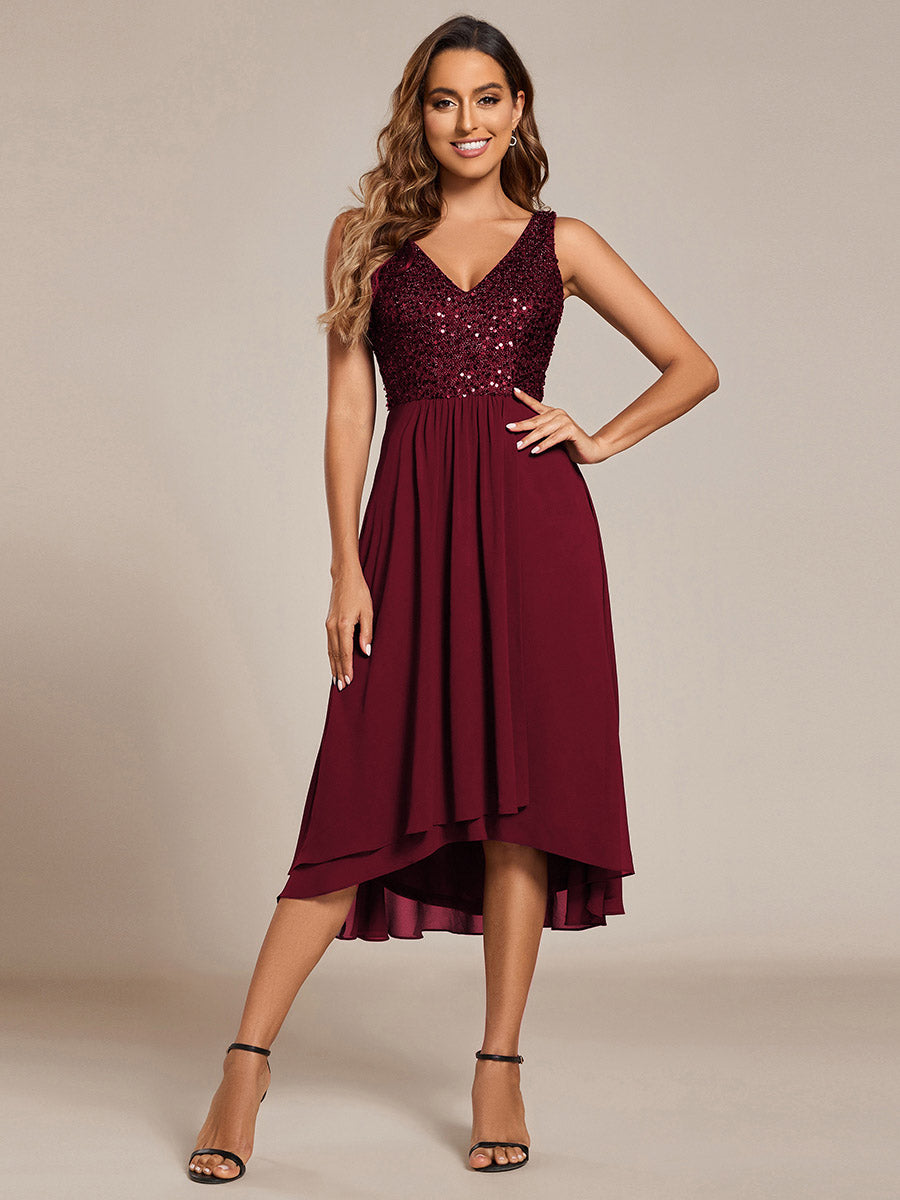 Color=Burgundy | Elegant A-Line Empire Waist Midi Length Chiffon Sequin Dresses Sleeveless Evening Dress -Burgundy 1