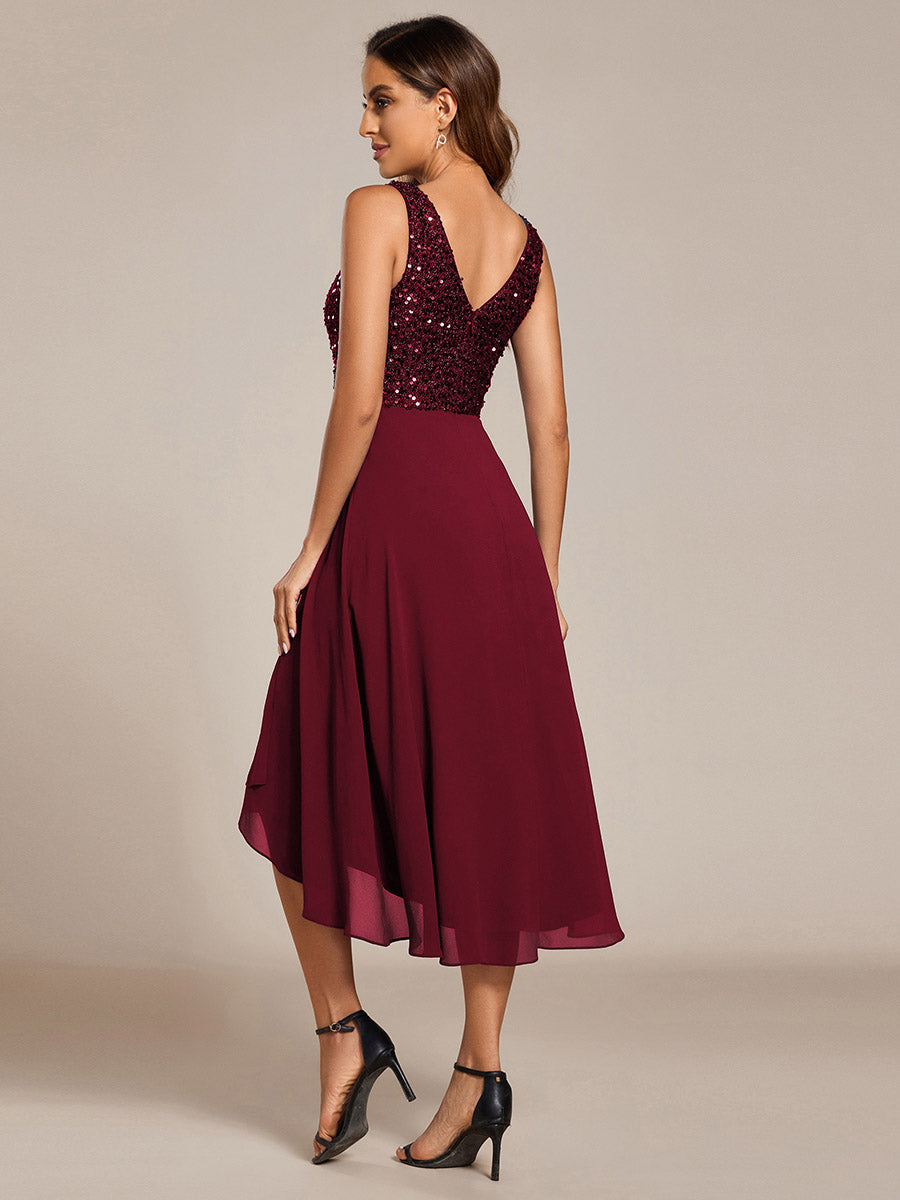 Color=Burgundy | Elegant A-Line Empire Waist Midi Length Chiffon Sequin Dresses Sleeveless Evening Dress -Burgundy 2