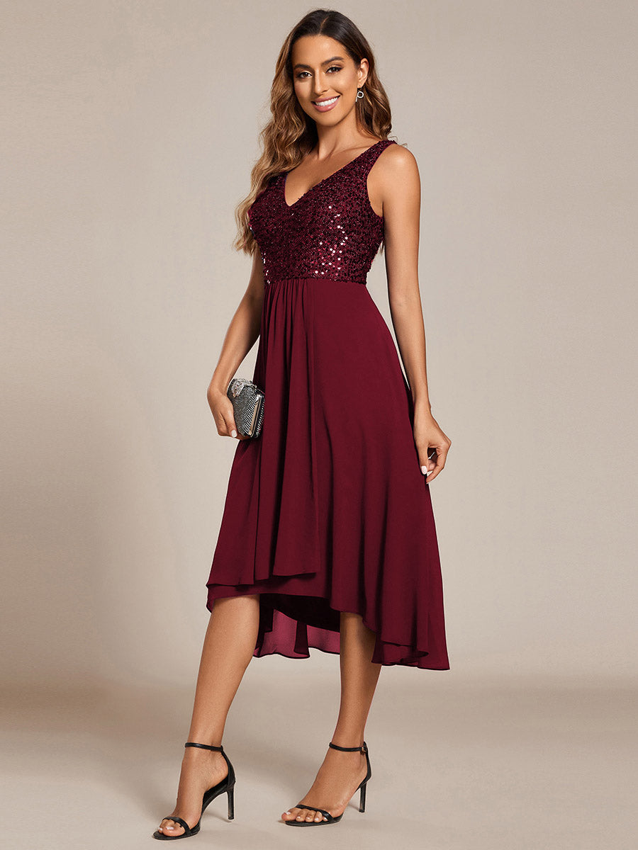 Color=Burgundy | Elegant A-Line Empire Waist Midi Length Chiffon Sequin Dresses Sleeveless Evening Dress -Burgundy 3