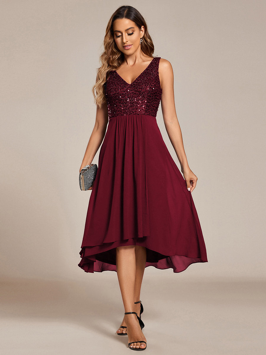 Color=Burgundy | Elegant A-Line Empire Waist Midi Length Chiffon Sequin Dresses Sleeveless Evening Dress -Burgundy 4