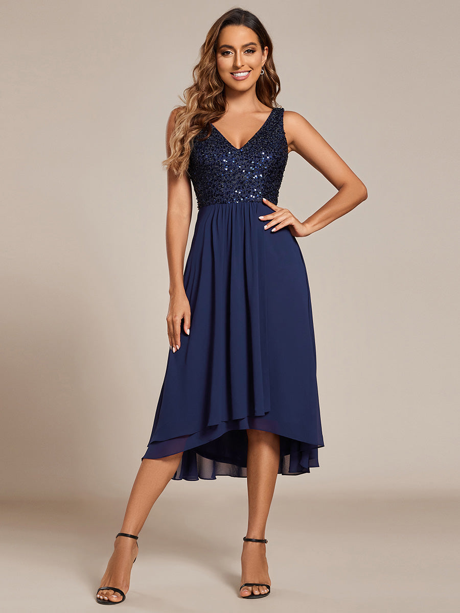 Color=Navy Blue | Elegant A-Line Empire Waist Midi Length Chiffon Sequin Dresses Sleeveless Evening Dress -Navy Blue 11