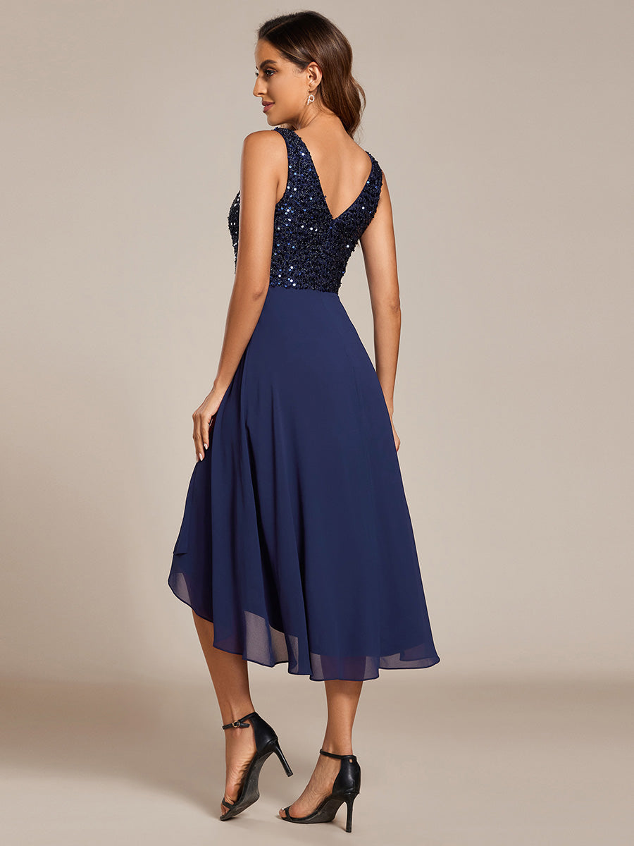 Color=Navy Blue | Elegant A-Line Empire Waist Midi Length Chiffon Sequin Dresses Sleeveless Evening Dress -Navy Blue 12