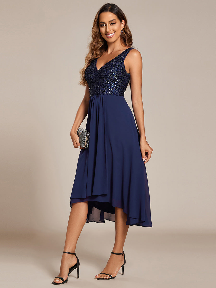 Color=Navy Blue | Elegant A-Line Empire Waist Midi Length Chiffon Sequin Dresses Sleeveless Evening Dress -Navy Blue 13