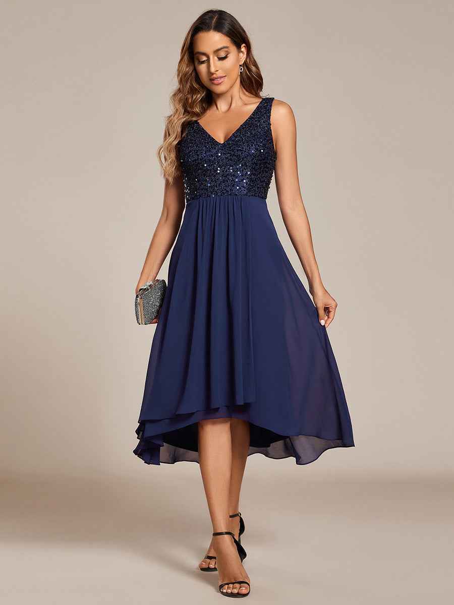 Color=Navy Blue | Elegant A-Line Empire Waist Midi Length Chiffon Sequin Dresses Sleeveless Evening Dress -Navy Blue 14