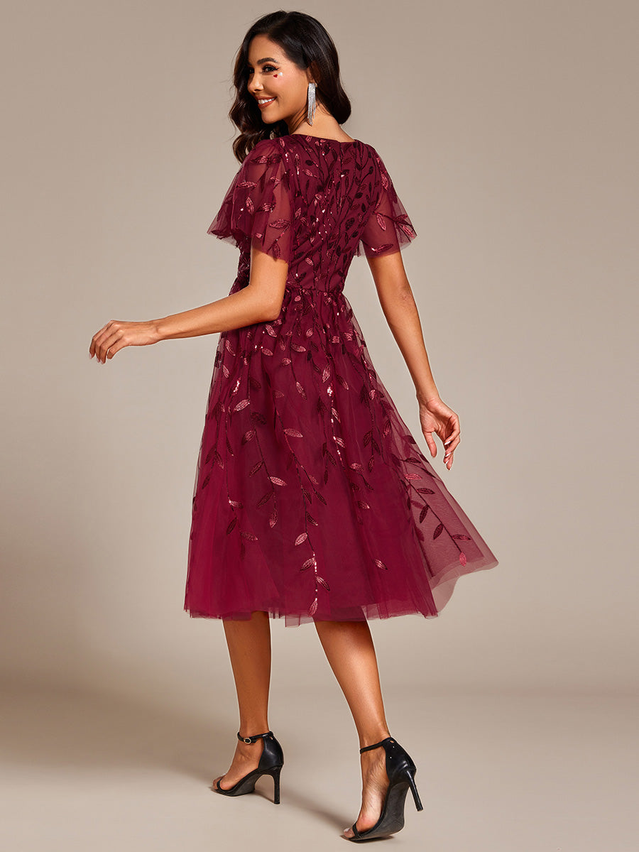 Color=Burgundy | Exquisite Midi Length Ruffles Sleeve Tulle Sequin Dresses with Embroidery-Burgundy 2