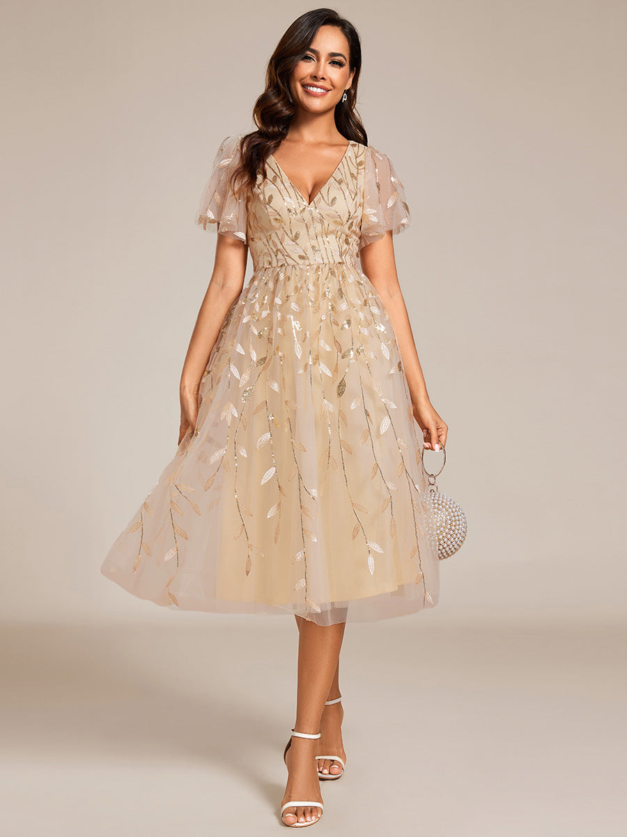 Color=Gold | Exquisite Midi Length Ruffles Sleeve Tulle Sequin Dresses with Embroidery-Gold 11