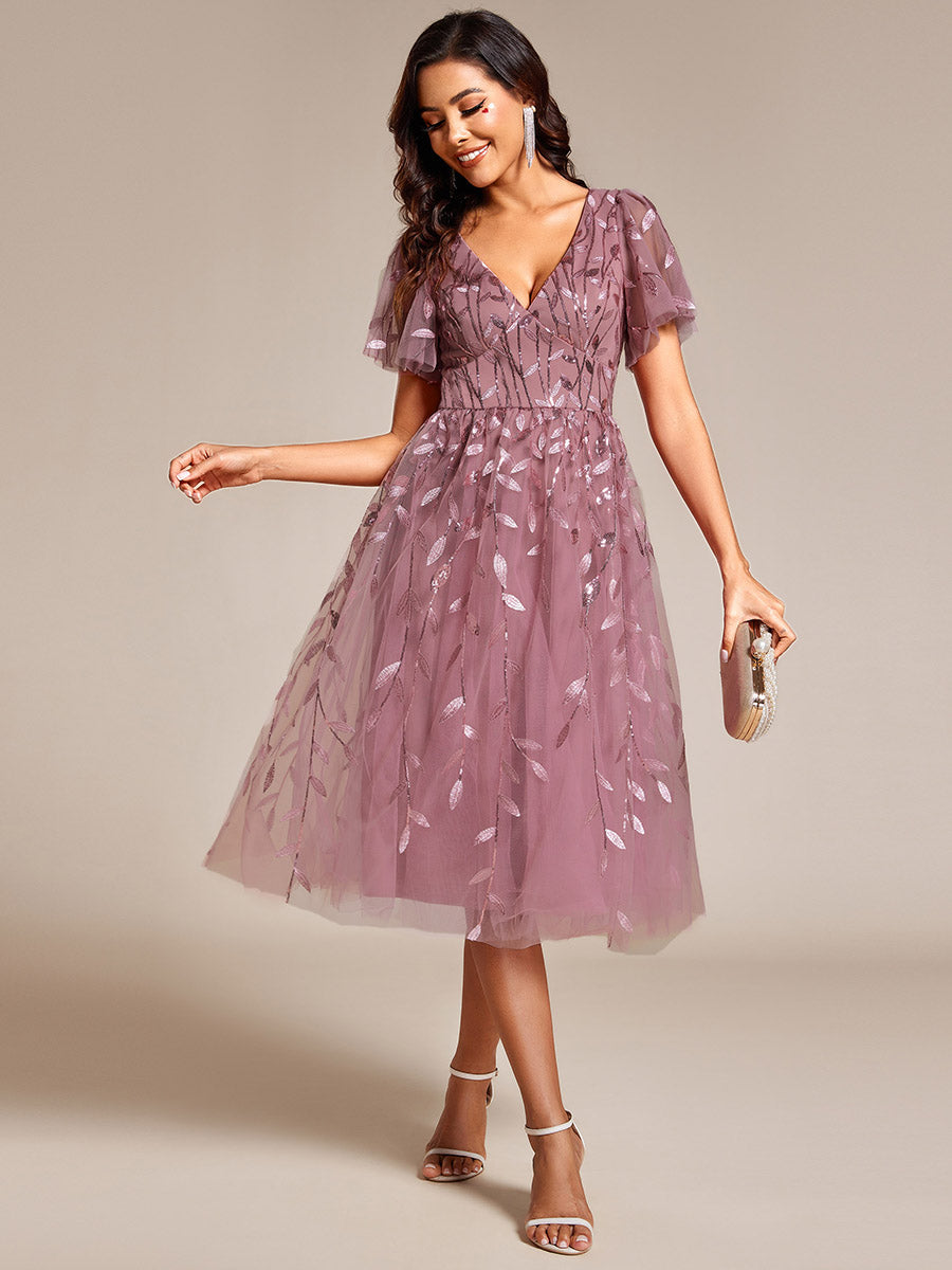 Color=Orchid | Exquisite Midi Length Ruffles Sleeve Tulle Sequin Dresses with Embroidery-Orchid 21