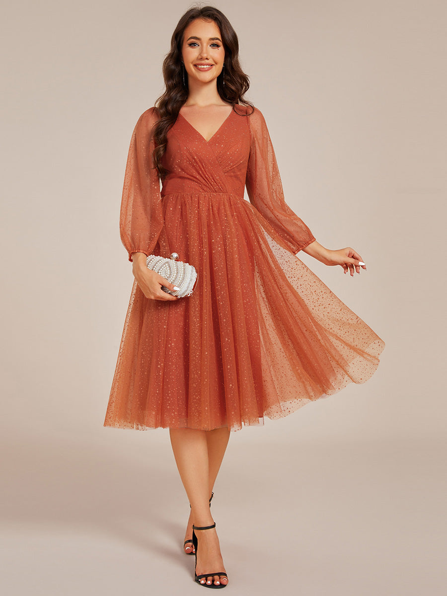 Color=Burnt Orange | Exquisite See-Through Lantern Long Sleeve Midi Length Sequin Tulle Wedding Guest Dresses-Burnt Orange 6