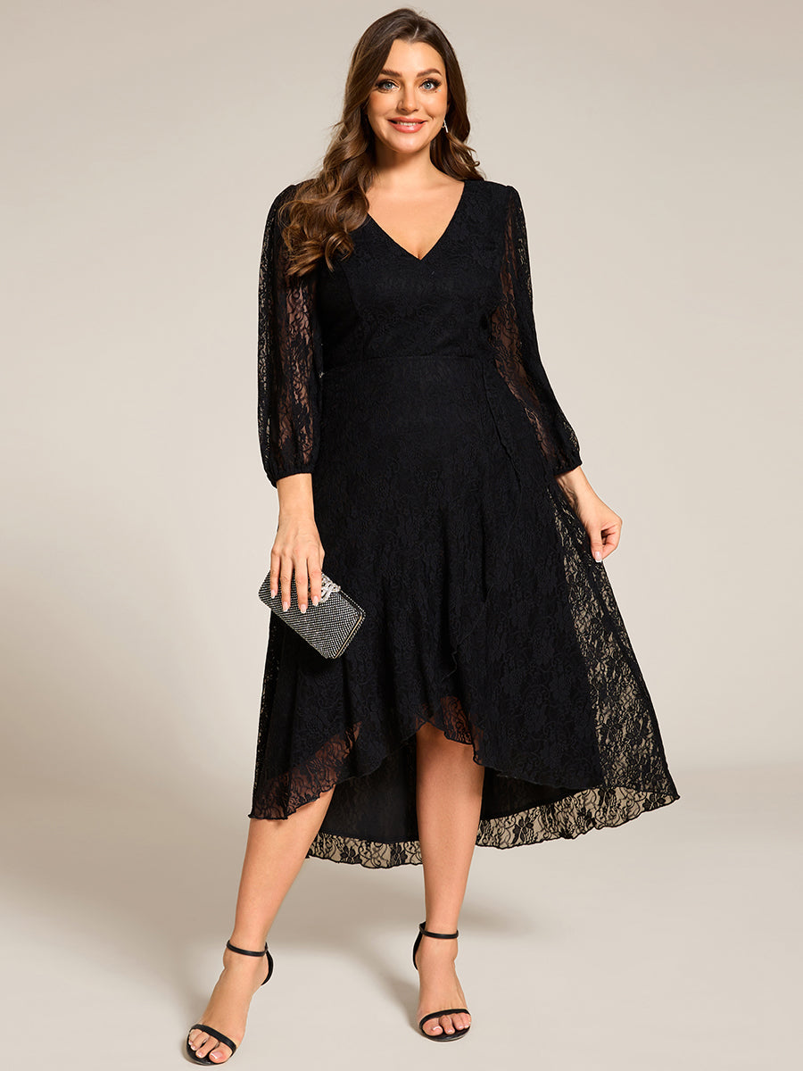 Color=Black | Plus Size Exquisite Long Lantern Sleeves Regular Fold Stream Lotus Leaf Hem Wedding Guest Dresses with Jacquard Decoration-Black 1