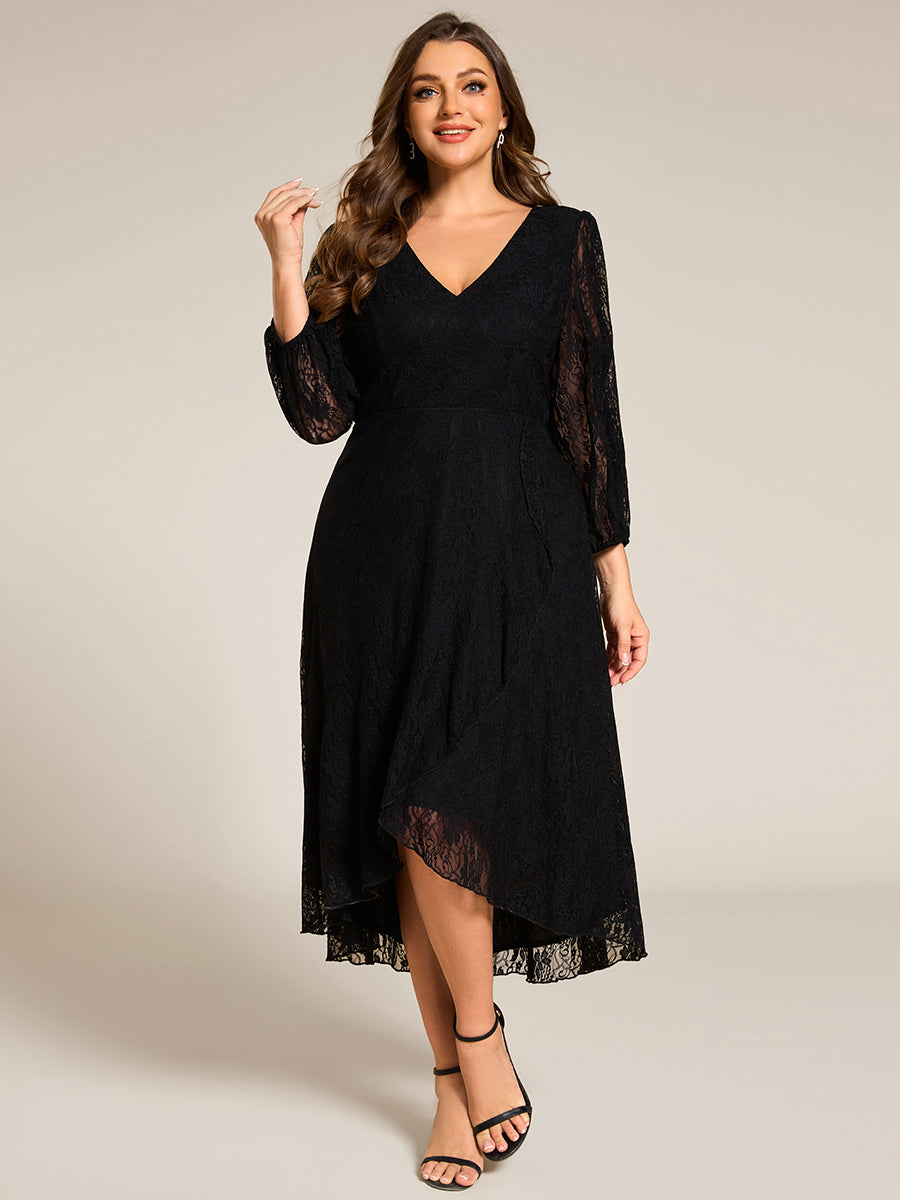 Color=Black | Plus Size Exquisite Long Lantern Sleeves Regular Fold Stream Lotus Leaf Hem Wedding Guest Dresses with Jacquard Decoration-Black 3