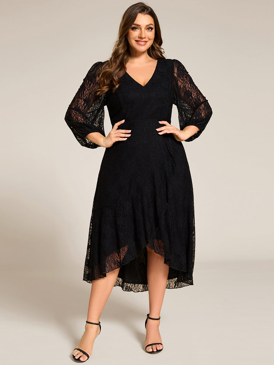 Color=Black | Plus Size Exquisite Long Lantern Sleeves Regular Fold Stream Lotus Leaf Hem Wedding Guest Dresses with Jacquard Decoration-Black 4