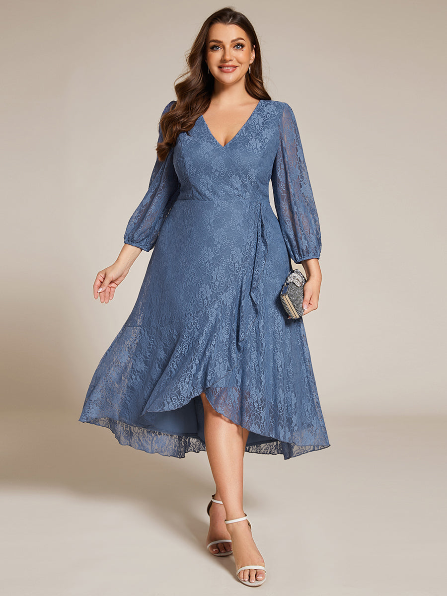 Color=Dusty Navy | Plus Size Exquisite Long Lantern Sleeves Regular Fold Stream Lotus Leaf Hem Wedding Guest Dresses with Jacquard Decoration-Dusty Navy 6