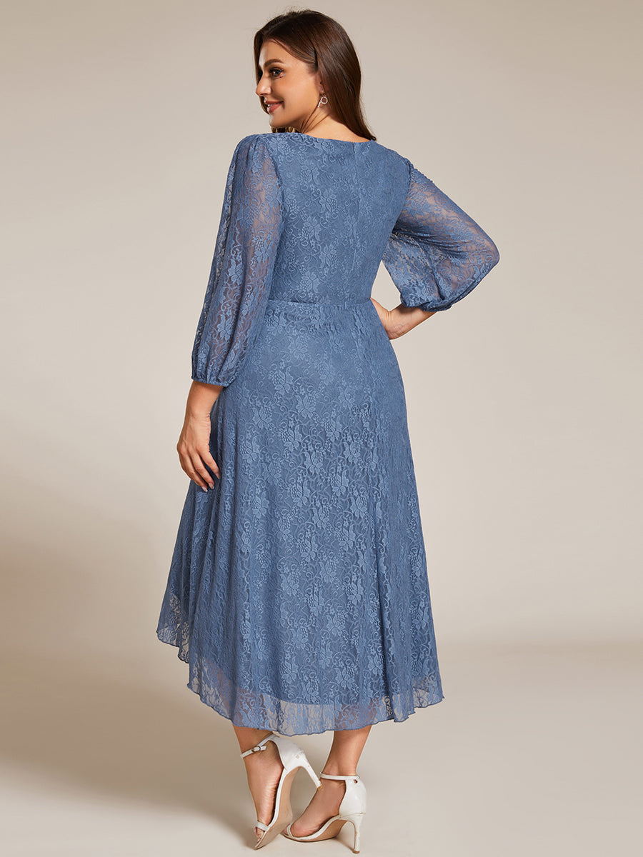 Color=Dusty Navy | Plus Size Exquisite Long Lantern Sleeves Regular Fold Stream Lotus Leaf Hem Wedding Guest Dresses with Jacquard Decoration-Dusty Navy 7