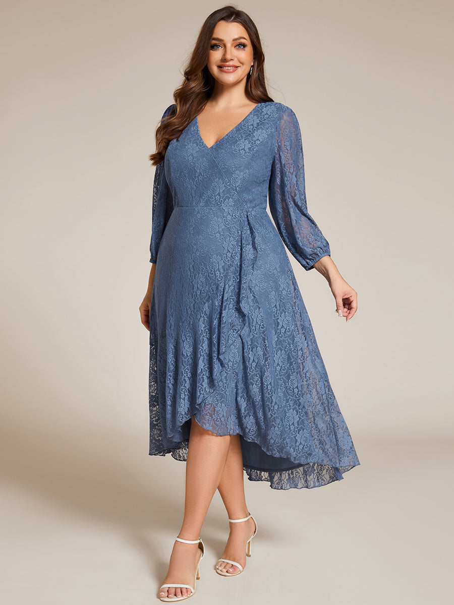 Color=Dusty Navy | Plus Size Exquisite Long Lantern Sleeves Regular Fold Stream Lotus Leaf Hem Wedding Guest Dresses with Jacquard Decoration-Dusty Navy 8